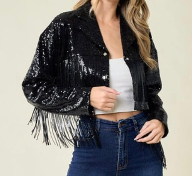 FNL Fringe Sequins Jackets: Sequins Fringe Cropped Jackets - MomQueenBoutique