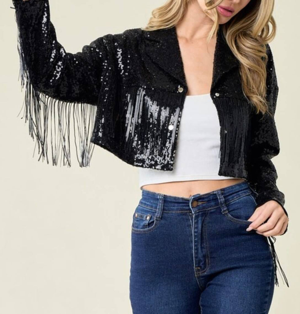 FNL Fringe Sequins Jackets: Sequins Fringe Cropped Jackets - MomQueenBoutique