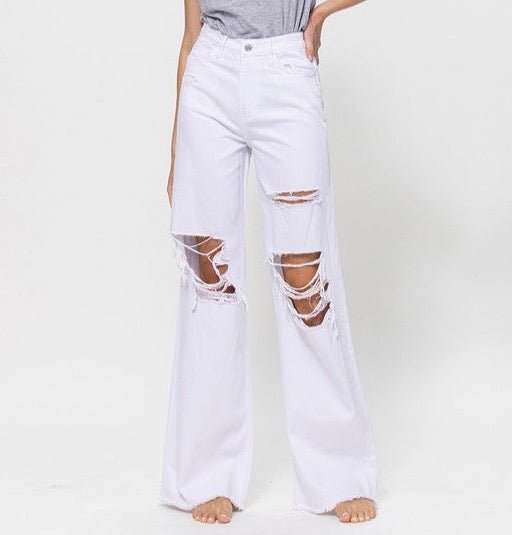 June Jeans: Wide Leg White Distressed 90's Vintage Jeans - MomQueenBoutique