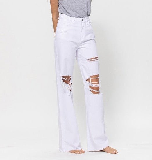 June Jeans: Wide Leg White Distressed 90's Vintage Jeans - MomQueenBoutique