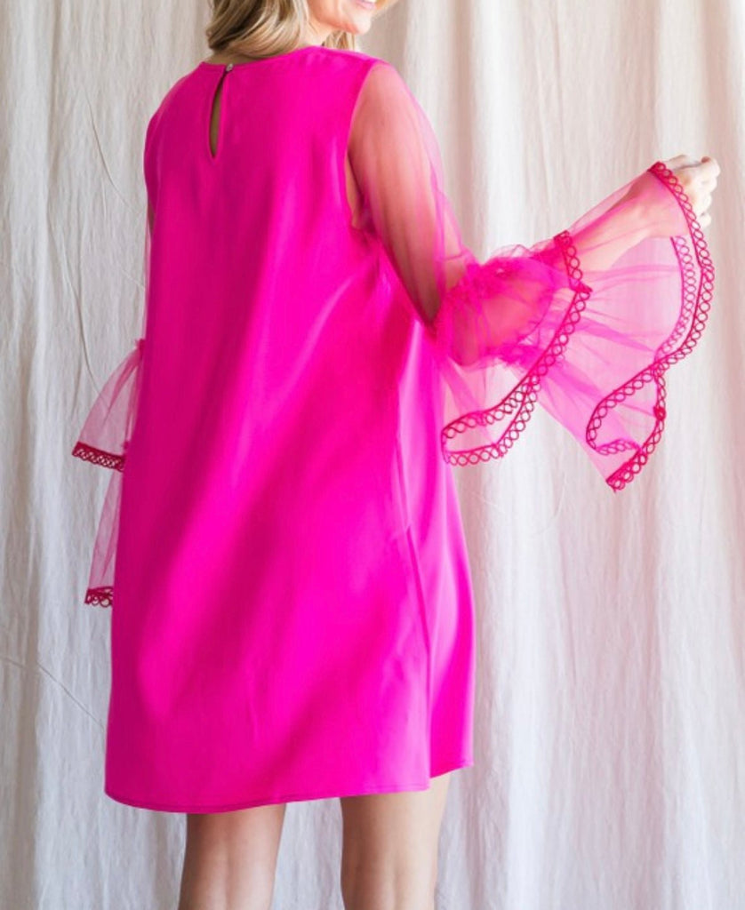 Patty Dress: Long Sleeve Mesh Ruffled Pink Dress - MomQueenBoutique