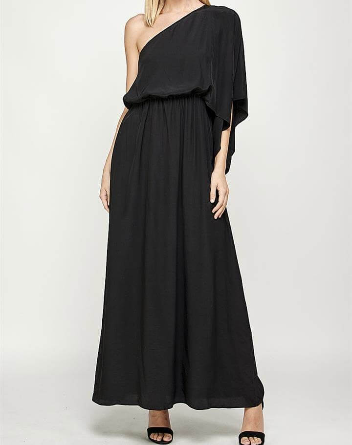 The Ali Dress: Solid Satin One Shoulder Maxi Dress - MomQueenBoutique