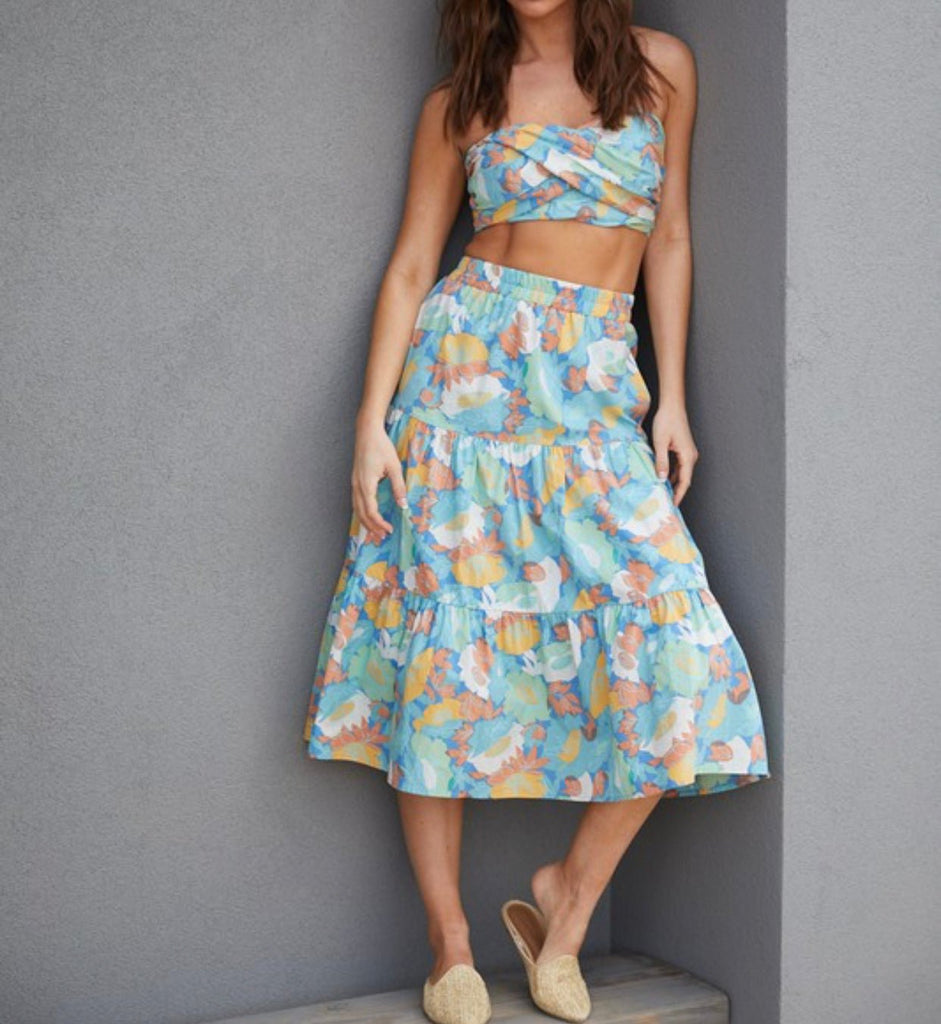 The Alyssa Set: Blue Floral Twisted Tube Top Midi Skirt Set - MomQueenBoutique
