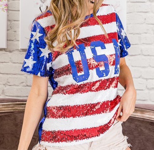 The American Babe Sequin Top: Sequin Red White Blue Top - MomQueenBoutique