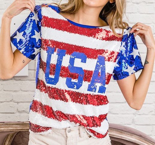 The American Babe Sequin Top: Sequin Red White Blue Top - MomQueenBoutique