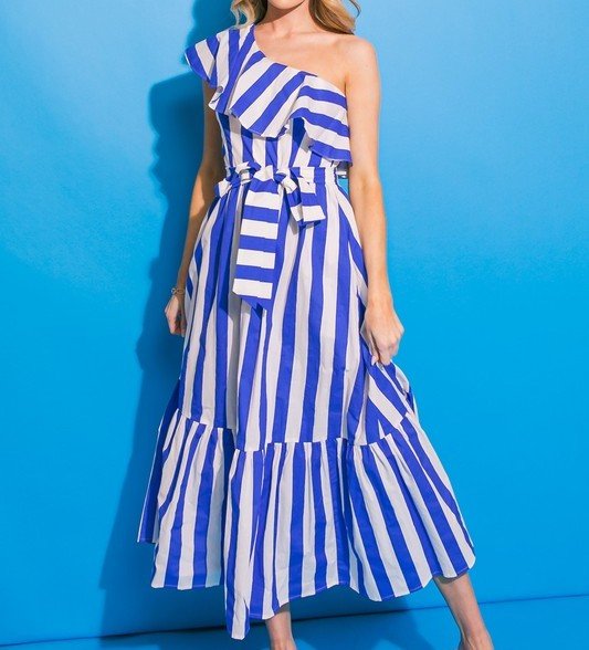 The Amy Dress: Blue & White Stripped One Shoulder Ruffle Dress - MomQueenBoutique