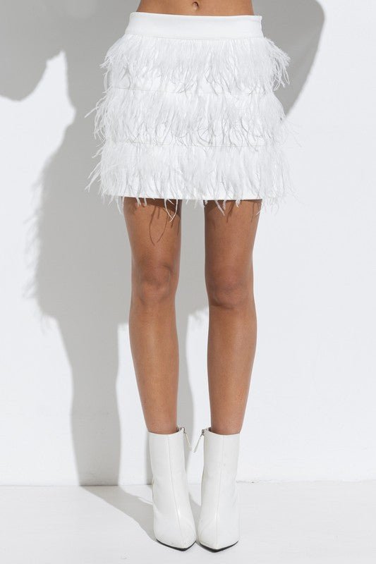 The Aria Skirt: White Tiered Feather Mini Skirt - MomQueenBoutique
