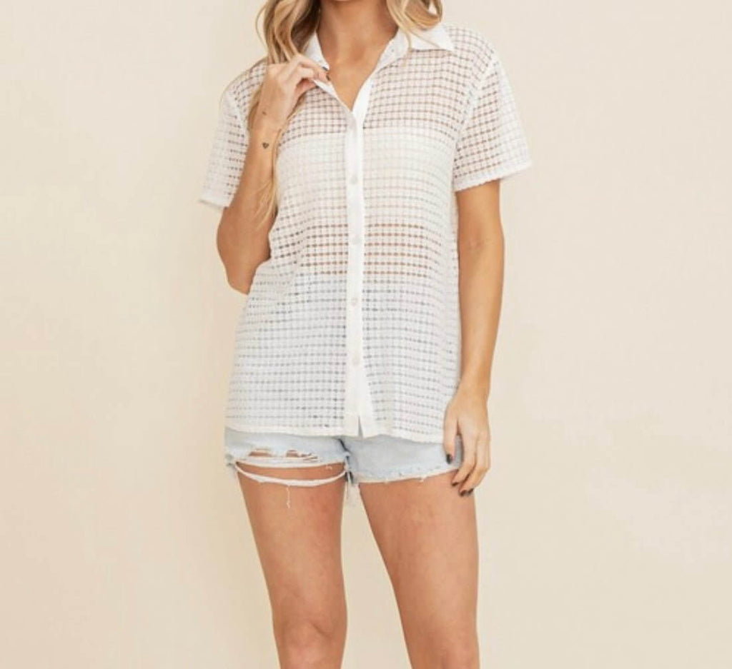 The Ariana Top: See through Open Knit Button Down Blouse - MomQueenBoutique