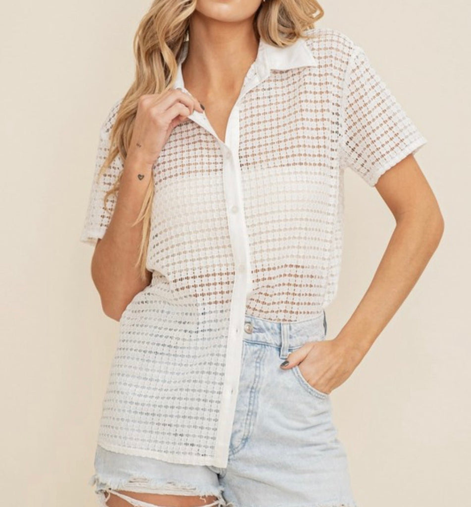 The Ariana Top: See through Open Knit Button Down Blouse - MomQueenBoutique