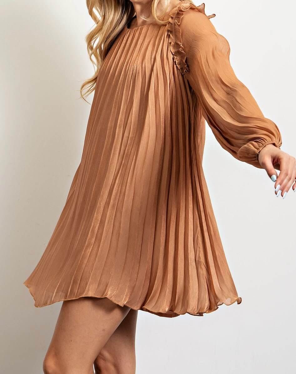 The Ava Dress: Long Sleeve Pleated Shift Dress - MomQueenBoutique