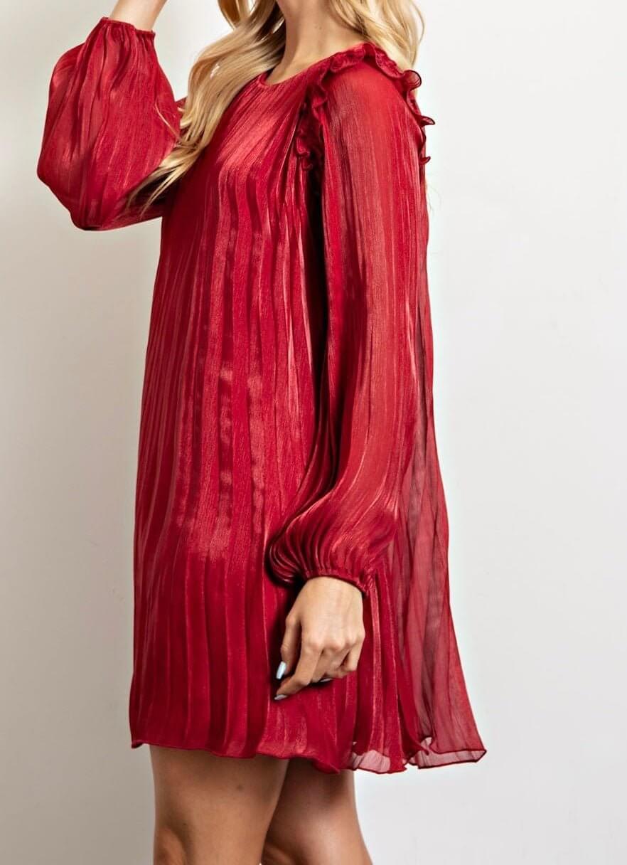 The Ava Dress: Long Sleeve Pleated Shift Dress - MomQueenBoutique