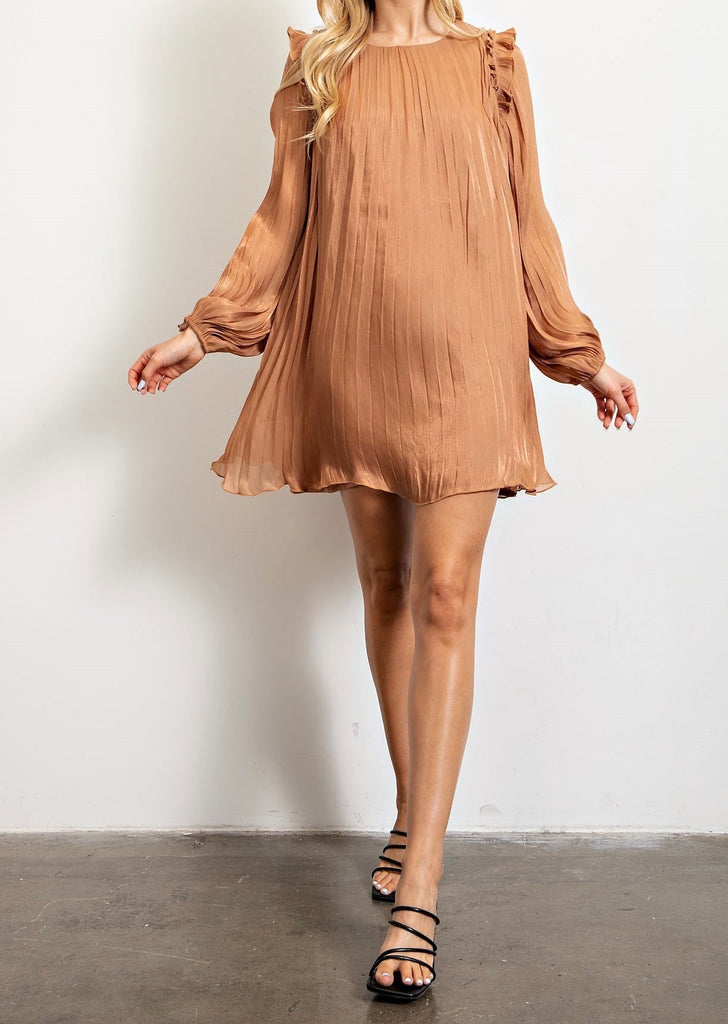 The Ava Dress: Long Sleeve Pleated Shift Dress - MomQueenBoutique