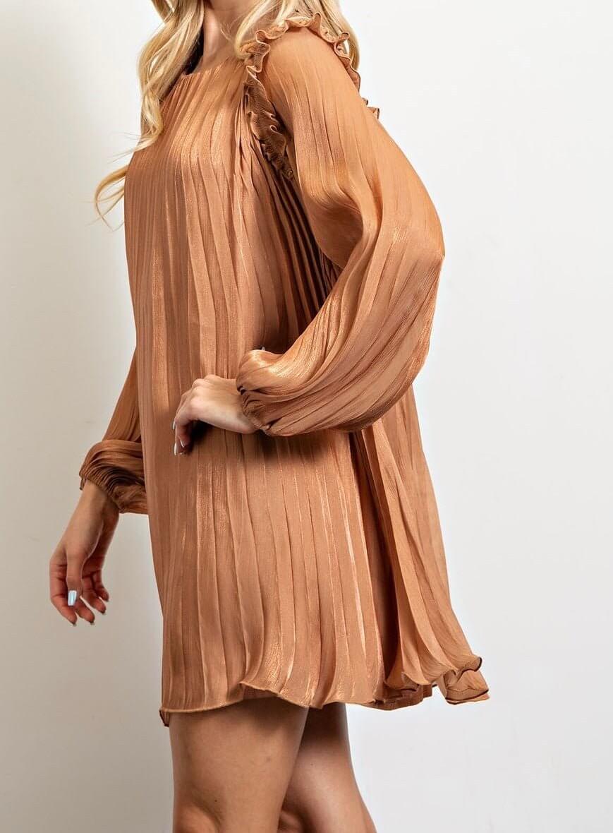 The Ava Dress: Long Sleeve Pleated Shift Dress - MomQueenBoutique