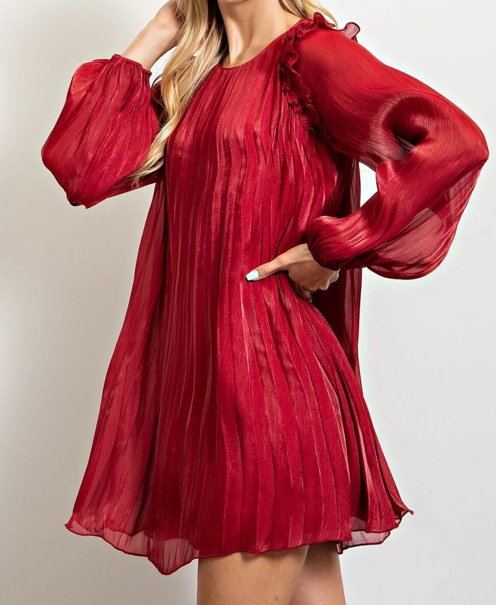The Ava Dress: Long Sleeve Pleated Shift Dress - MomQueenBoutique