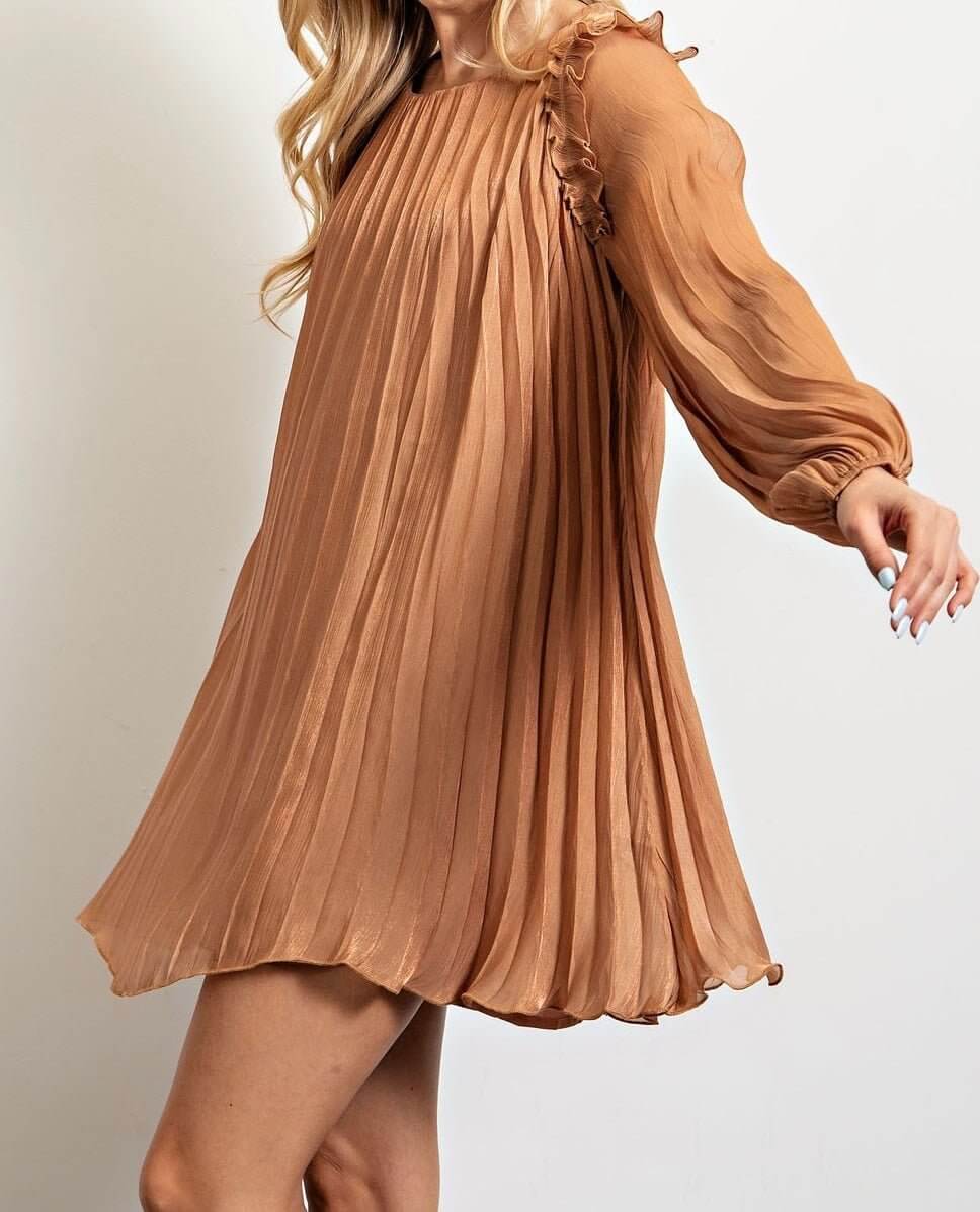 The Ava Dress: Long Sleeve Pleated Shift Dress - MomQueenBoutique