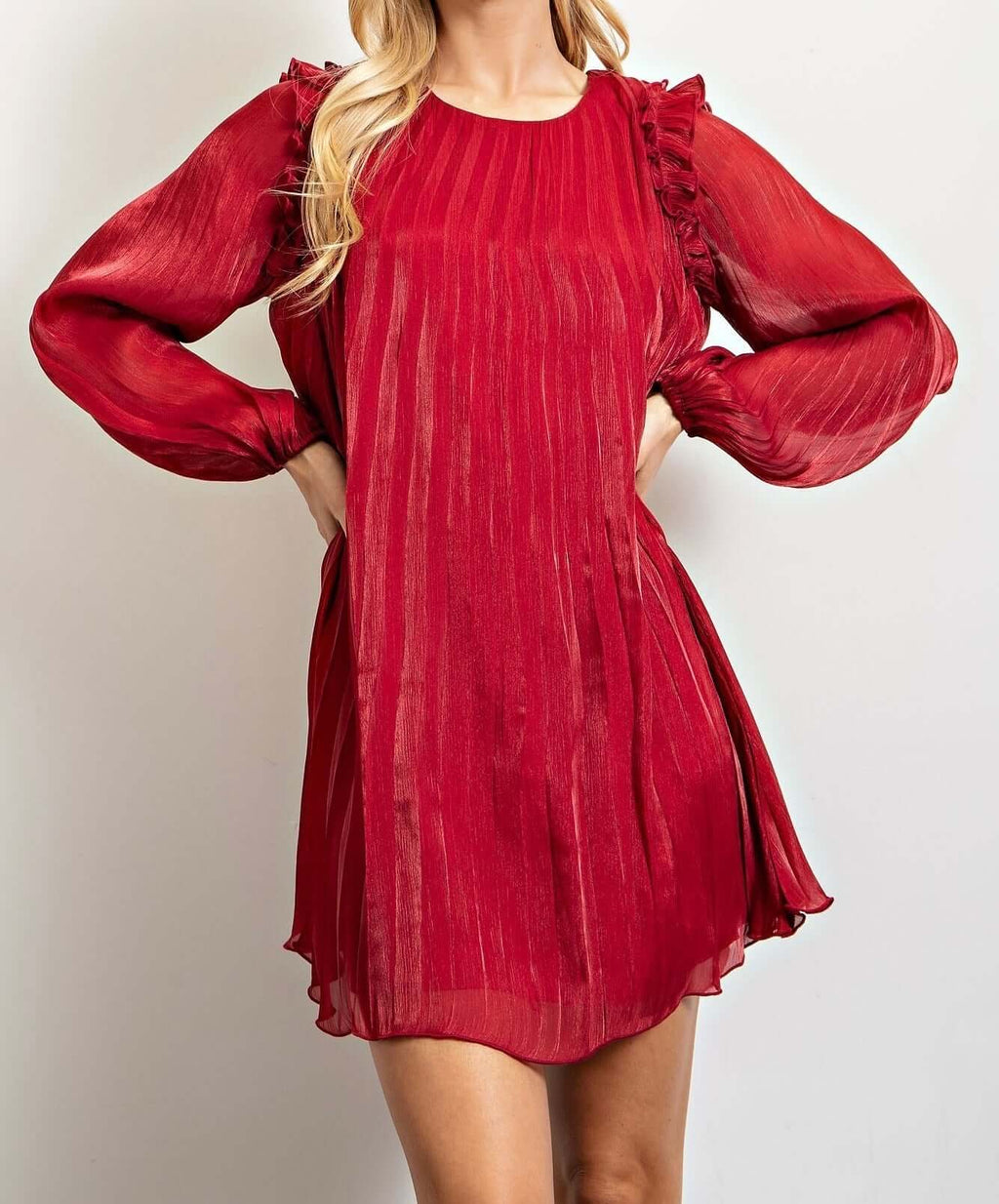 The Ava Dress: Long Sleeve Pleated Shift Dress - MomQueenBoutique