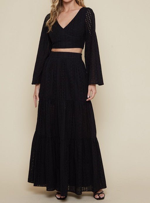 The Becky Set: Eyelet Long Sleeve Cropped Maxi Set - MomQueenBoutique