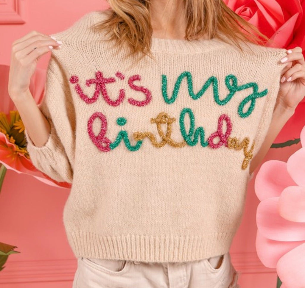The Birthday Sparkle Sweater: Short Sleeve Metallic Sequin Yarn Sweater - MomQueenBoutique
