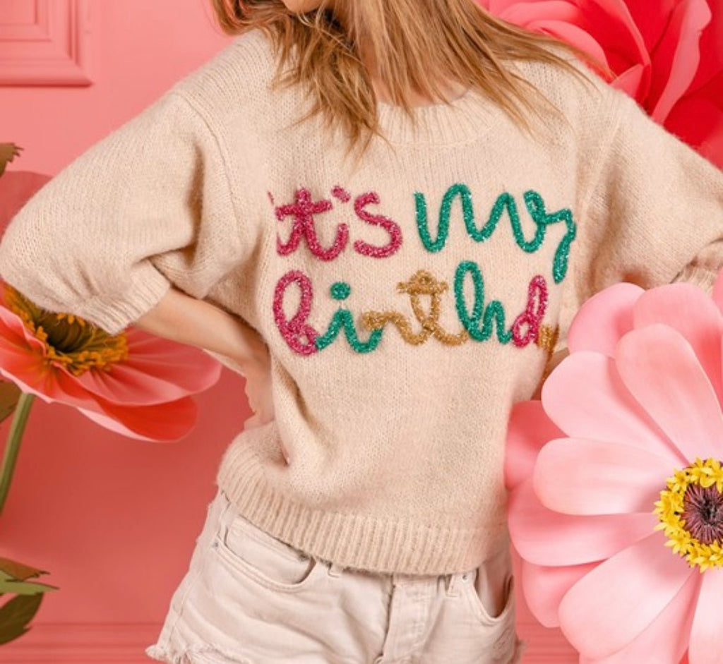 The Birthday Sparkle Sweater: Short Sleeve Metallic Sequin Yarn Sweater - MomQueenBoutique