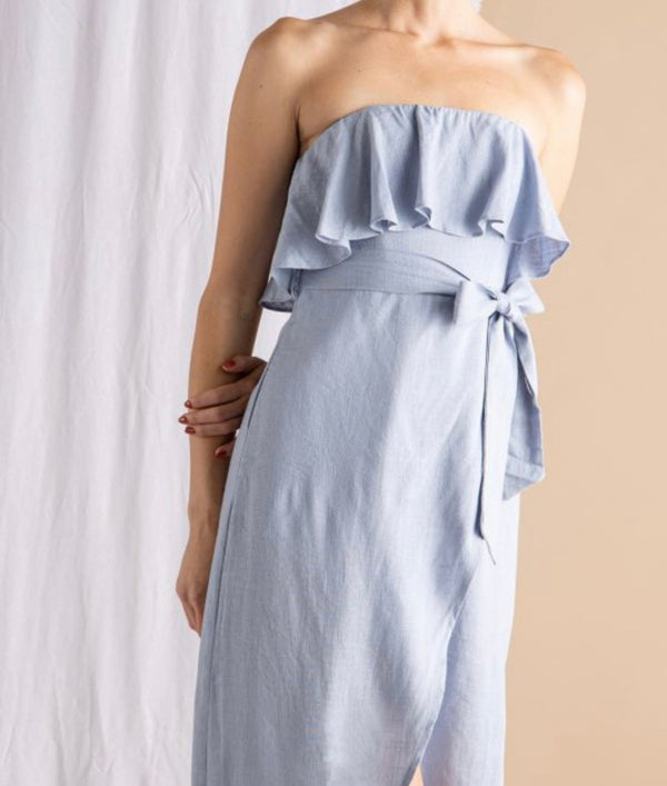 The Blakely Dress: Ruffled Blue Strapless Dress - MomQueenBoutique
