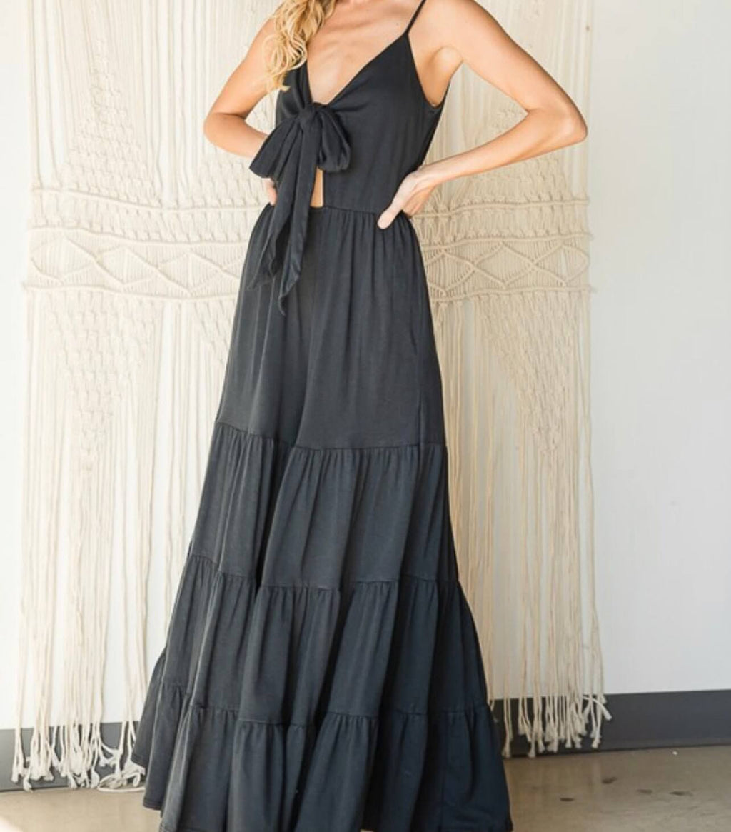 The Brinley Jumpsuit: Tie Front Tiered Leg Jersey Knit Jumpsuit - MomQueenBoutique