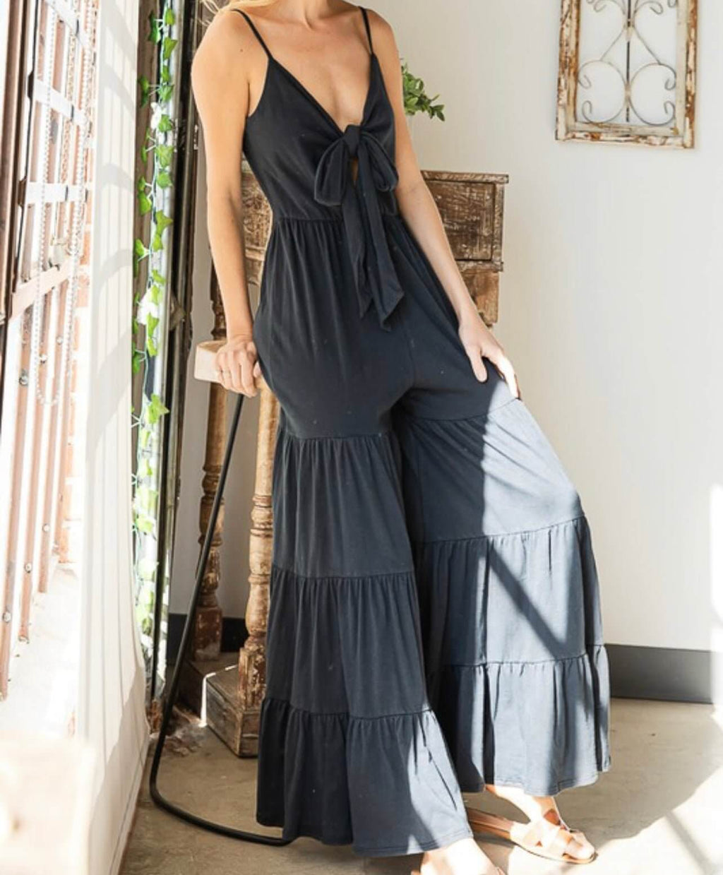 The Brinley Jumpsuit: Tie Front Tiered Leg Jersey Knit Jumpsuit - MomQueenBoutique
