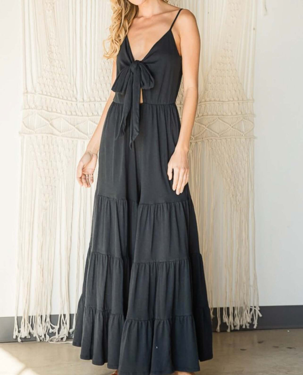 The Brinley Jumpsuit: Tie Front Tiered Leg Jersey Knit Jumpsuit - MomQueenBoutique