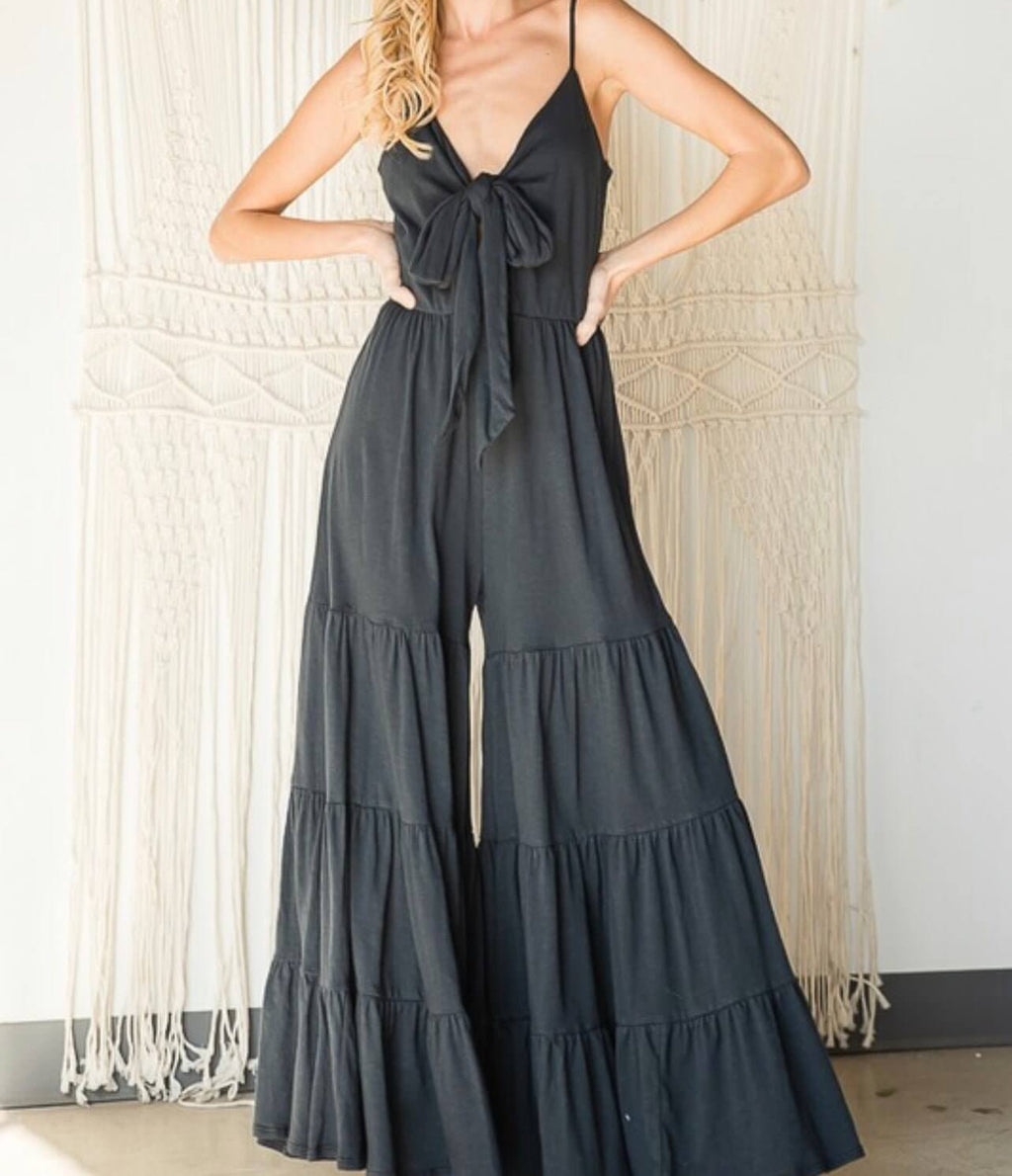 The Brinley Jumpsuit: Tie Front Tiered Leg Jersey Knit Jumpsuit - MomQueenBoutique