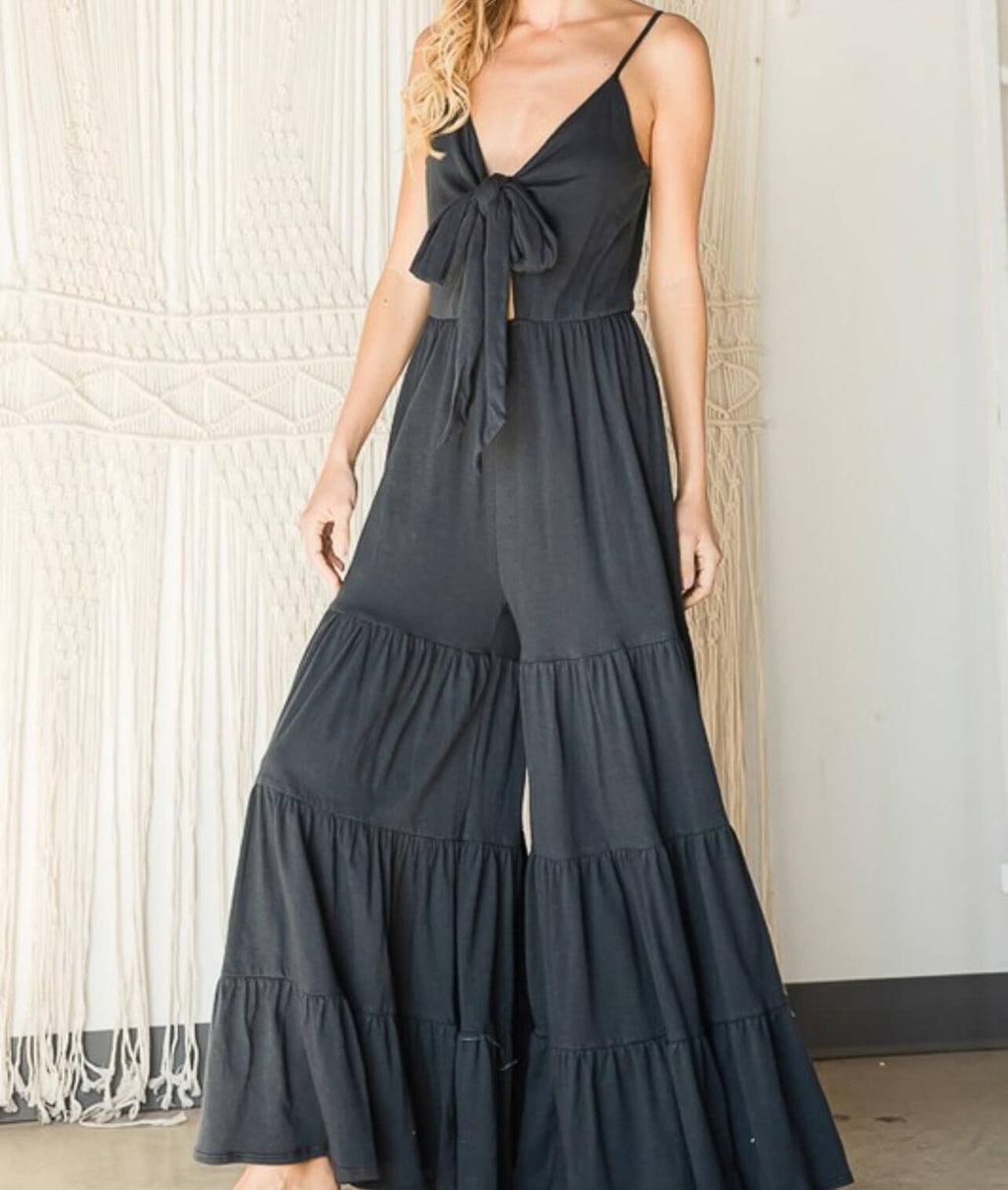 The Brinley Jumpsuit: Tie Front Tiered Leg Jersey Knit Jumpsuit - MomQueenBoutique