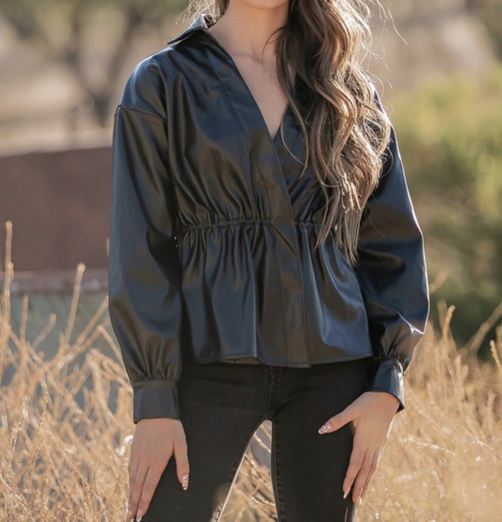 The Camille Top: Overlap Leather Shirt - MomQueenBoutique