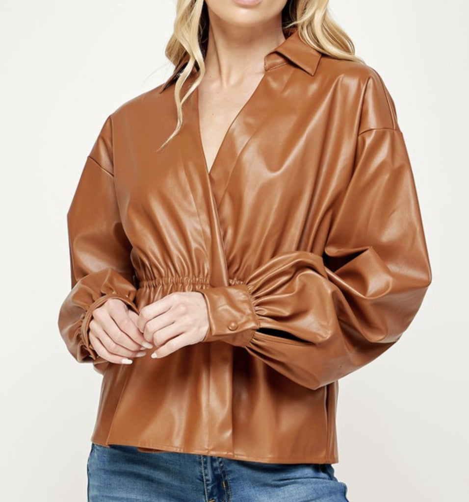 The Camille Top: Overlap Leather Shirt - MomQueenBoutique