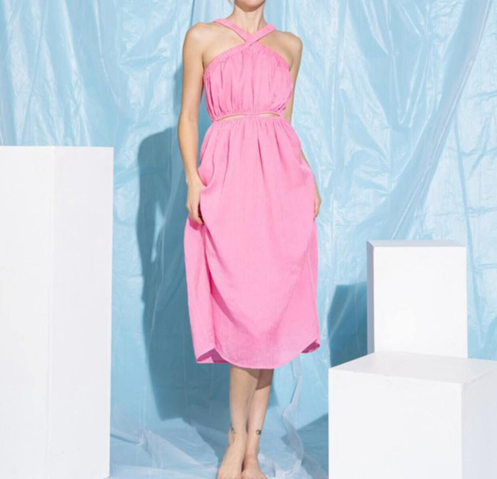 The Camryn Dress: Textured Solid Cutout Midi Dress - MomQueenBoutique