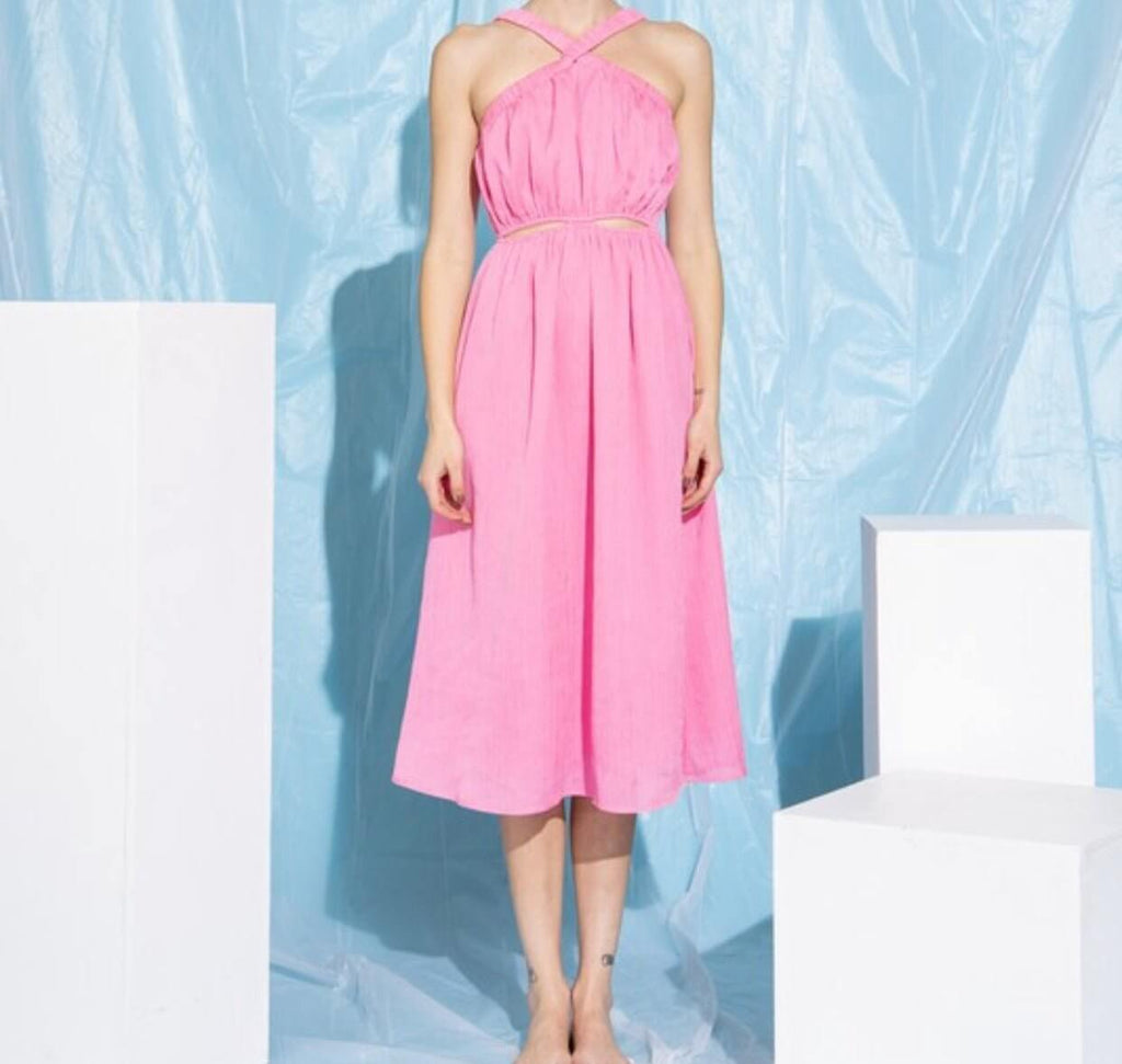 The Camryn Dress: Textured Solid Cutout Midi Dress - MomQueenBoutique