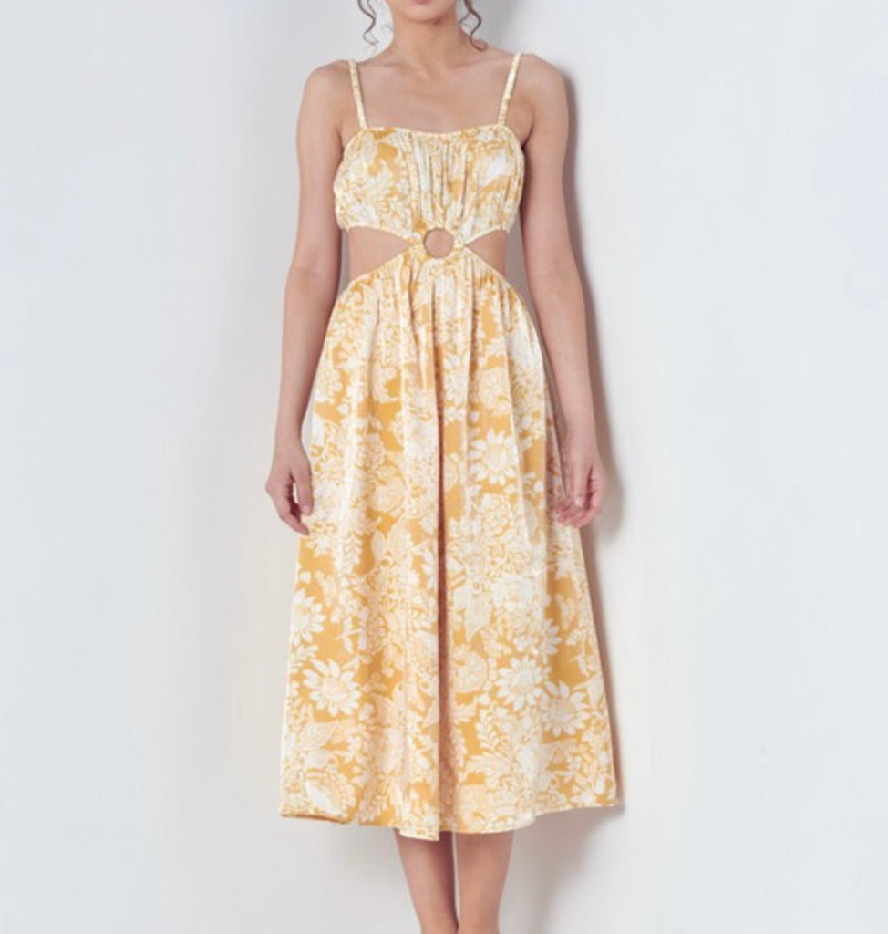 The Catalina Dress: Yellow Floral Cut Out Midi Dress - MomQueenBoutique
