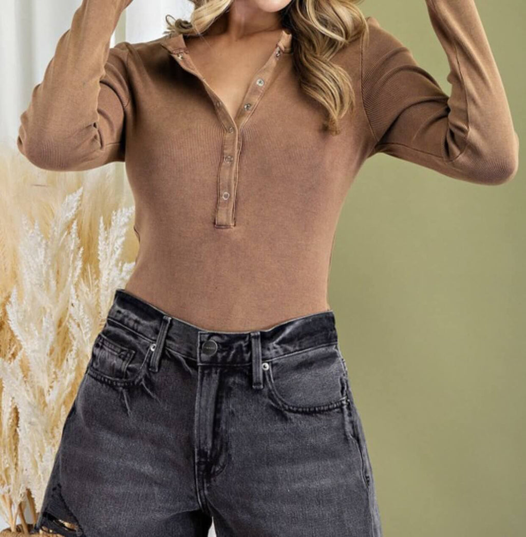 The Chantelle Bodysuit: Mineral Washed Henley Long Sleeve Bodysuit - MomQueenBoutique