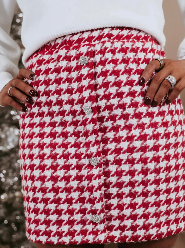 The Christine Skirt: Red & White Tweed Houndstooth Skirt - MomQueenBoutique