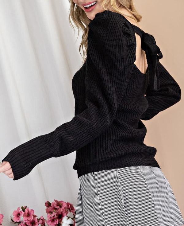 The Claire Sweater: Puff Sleeve Back Tie Sweater - MomQueenBoutique