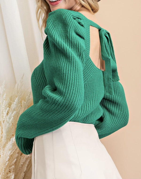 The Claire Sweater: Puff Sleeve Back Tie Sweater - MomQueenBoutique