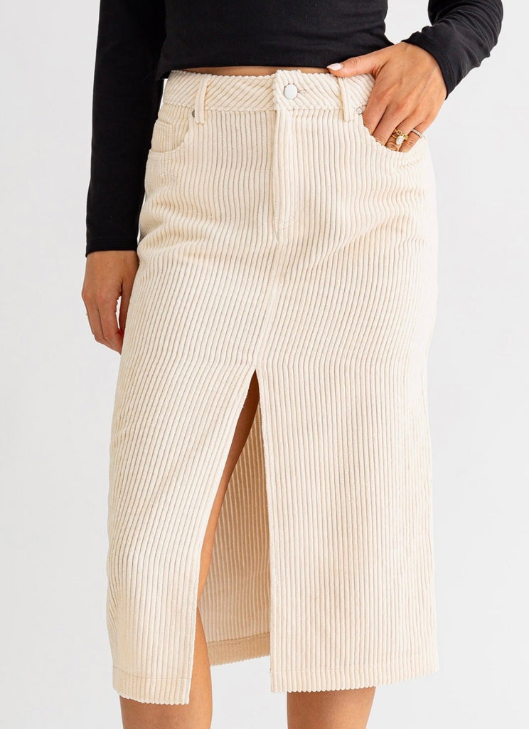 The Colette Skirt: Ivory Corduroy Midi Skirt - MomQueenBoutique
