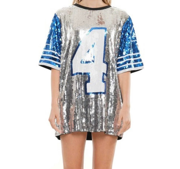 The Cowboys Fangirl T-Shirt Dress: Sequins Blue and Silver Shirt Dress - MomQueenBoutique