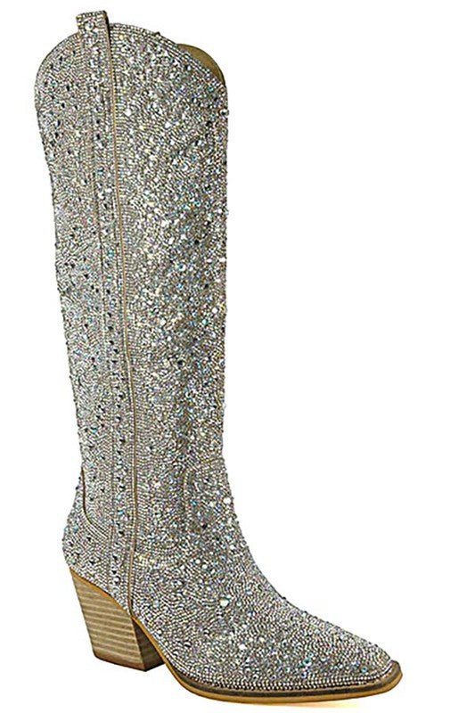 The Crystal Boots: Knee High Sequin Sparkle Western Boots - MomQueenBoutique