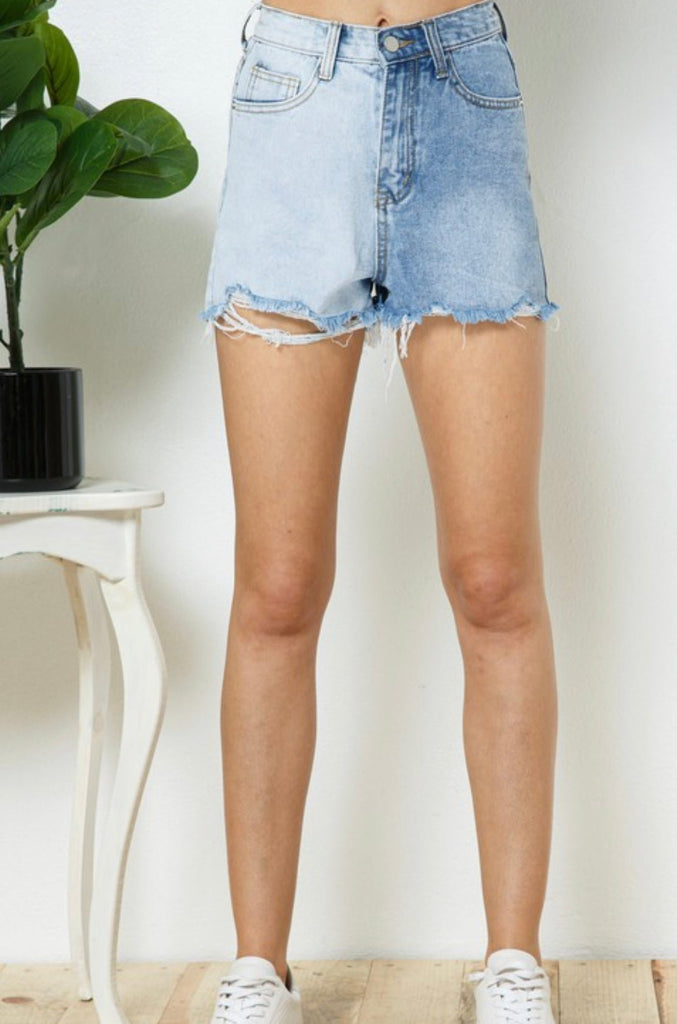 The Dakota Shorts: Two Tone High Waisted Denim Shorts - MomQueenBoutique