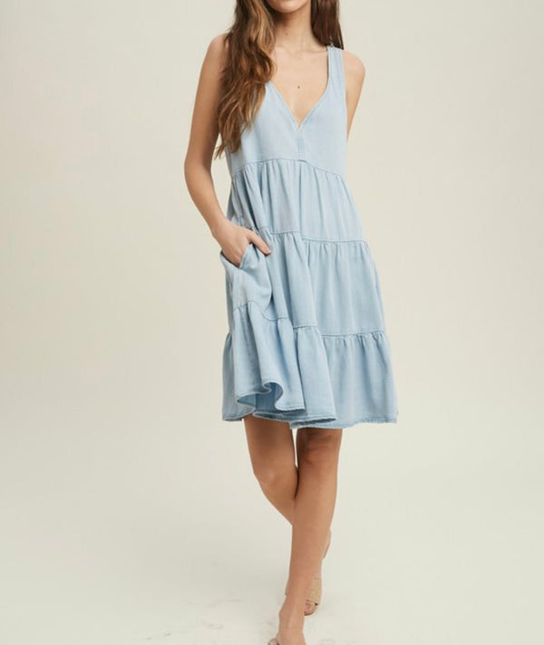 The Darcy Dress: Tencel Tiered Mini Dress W/ Back Tie Detail - MomQueenBoutique