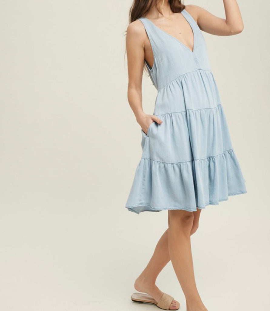 The Darcy Dress: Tencel Tiered Mini Dress W/ Back Tie Detail - MomQueenBoutique