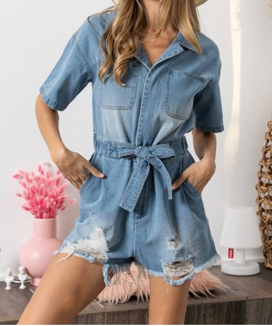 The Debbie Romper: Denim Romper - MomQueenBoutique