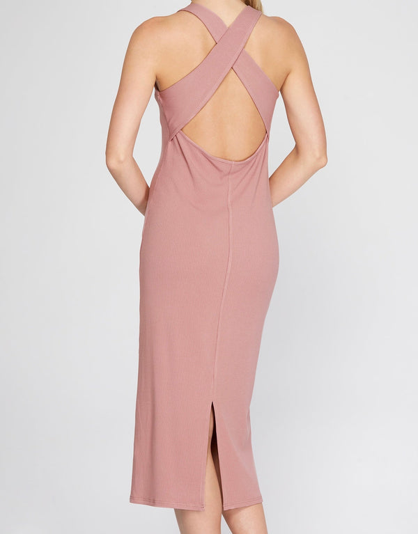 The Delilah Dress: Cross Back Ribbed Knit Bodycon Midi Dress - MomQueenBoutique