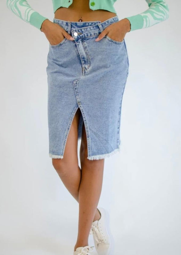 The Demi Skirt: Asymmetrical Denim Midi Skirt - MomQueenBoutique