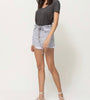 The Diana Shorts: Grey High Rise Distressed Raw Waistband Denim Shorts - MomQueenBoutique