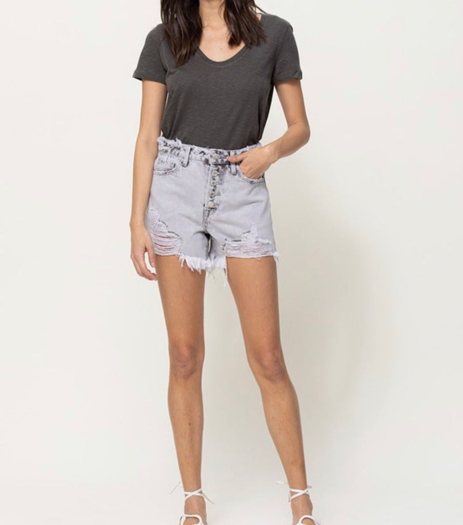 The Diana Shorts: Grey High Rise Distressed Raw Waistband Denim Shorts - MomQueenBoutique