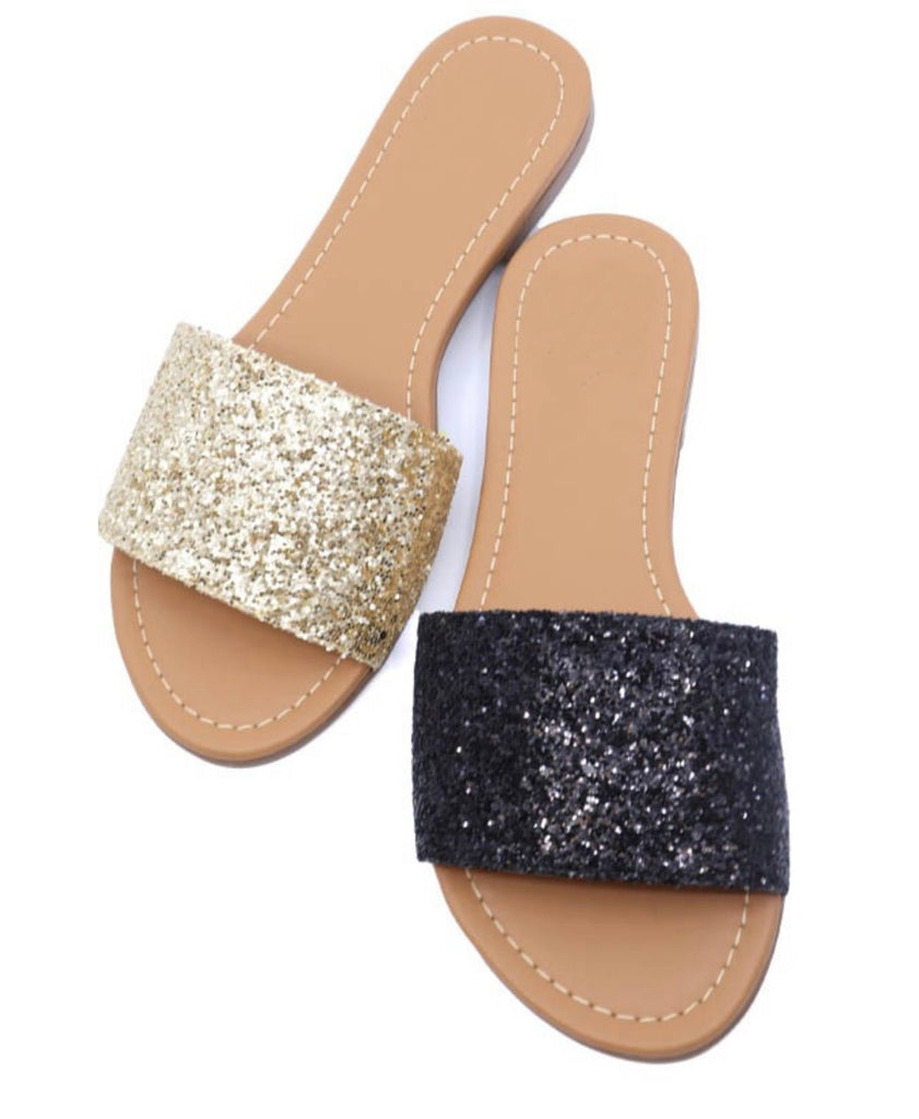 The Dipped In Gold Slides: Gold Glitter Sandal - MomQueenBoutique